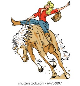 Sexy Vintage Or Retro Cartoon Cowgirl Riding A Bucking Bronco In A Rodeo In Sixties Pop Art Style.