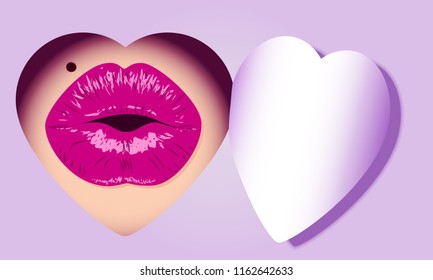 Sexy violet lips peep through the heart hole  in the rose paper. 