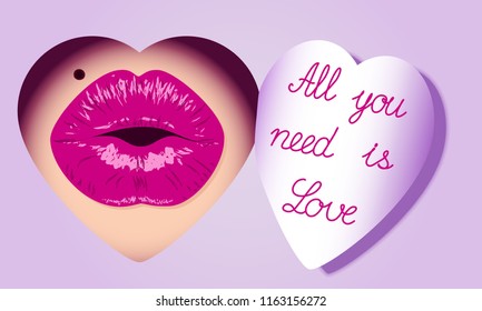 Sexy violet lips peep through the heart hole  in the rose paper.  