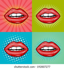 Sexy wet red lips with teeth pop art set backgrounds 2