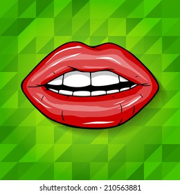 Sexy wet red lips with teeth pop art set backgrounds 