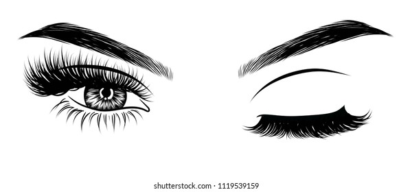 Sexy winking luxurious eye with perfectly shaped eyebrows and full lashes. Idea for business visit card, typography vector. Perfect salon look.