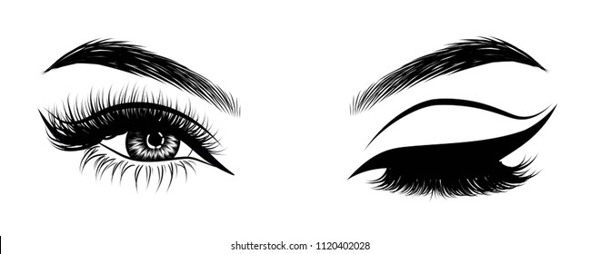 Sexy Winking Luxurious Eye With Perfectly Shaped Eyebrows And Full Lashes. Idea For Business Visit Card, Typography Vector. Perfect Salon Look.Cut Crease Makeup