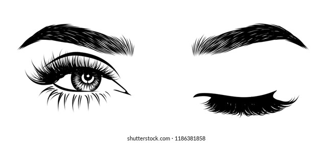 Sexy winking luxurious eye with perfectly shaped eyebrows and full lashes. Idea for business visit card, typography vector. Perfect salon look.