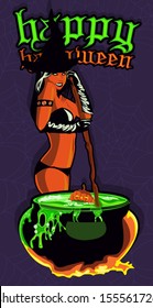 Sexy witch cooking in cauldron