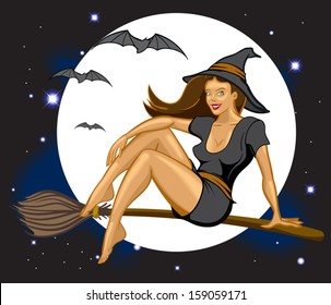 Sexy witch flying by full moon on broomstick with bats