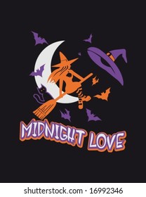 Sexy witch flying with her cat on her broom with bats surrounding