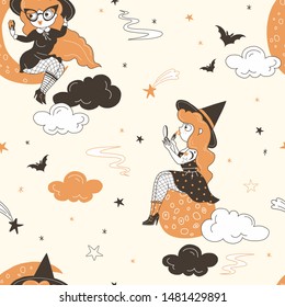 Sexy witch hand drawn vector seamless pattern. Pinup young girl sitting on moon, doing makeup on pastel background. Cloud sky, halloween costume party wrapping paper, wallpaper textile design