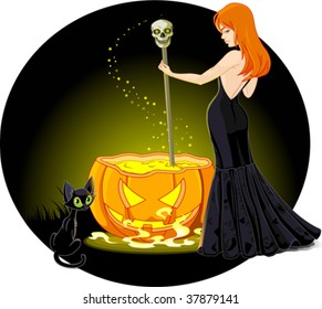 A sexy witch mixes a potion in her cauldron. Background on separate layer for easy editing.