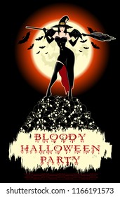 Sexy witch in old magic hat with broom on mount skulls. Monsters bats on bloody moon background. Design for poster, banner Halloween party or holiday card. Vector illustration.