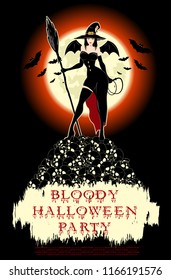 Sexy witch in old magic hat with broom on mount skulls. Monsters bats on bloody moon background. Design for poster, banner Halloween party or holiday card. Vector illustration.