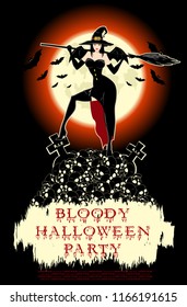 Sexy witch in old magic hat with broom on mount skulls. Monsters bats and cemetery on bloody moon background. Design for poster, banner Halloween party or holiday card. Vector illustration.