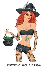 Sexy witch on the white background with red hair holding a pot with a scary face with green liquid inside.