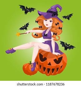 Sexy Witch Sit on Pumpkin
