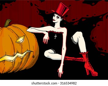 Sexy witch in top hat and Jack-o-lantern pumpkin. Halloween night celebration card.