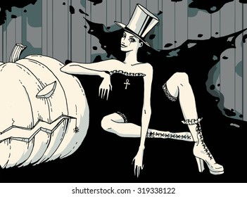 Sexy witch in top hat and Jack-o-lantern pumpkin. Halloween night celebration card in gray colors.