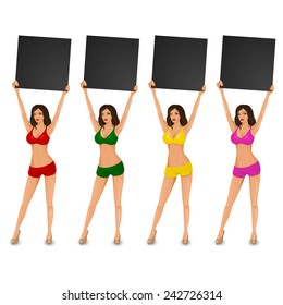 Sexy Woman In Bikini Making An Announcent. Boxing Ring Card Girl. Vector.