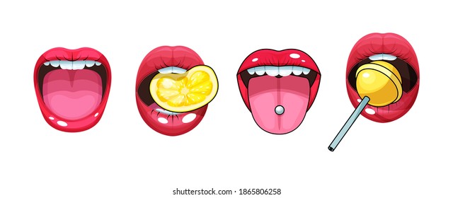 Sexy woman mouth set. Red sexy girls lips stickers pop art icons expressing different emotions. Woman mouth with lemon, pill, lollipop in the teeth vector illustration