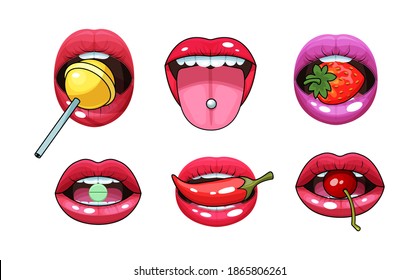 Sexy woman mouth set. Red sexy girls lips stickers pop art icons expressing different emotions. Woman mouth with strawberry, pepper, lemon, chewing gum, pill, lollipop in the teeth vector illustration