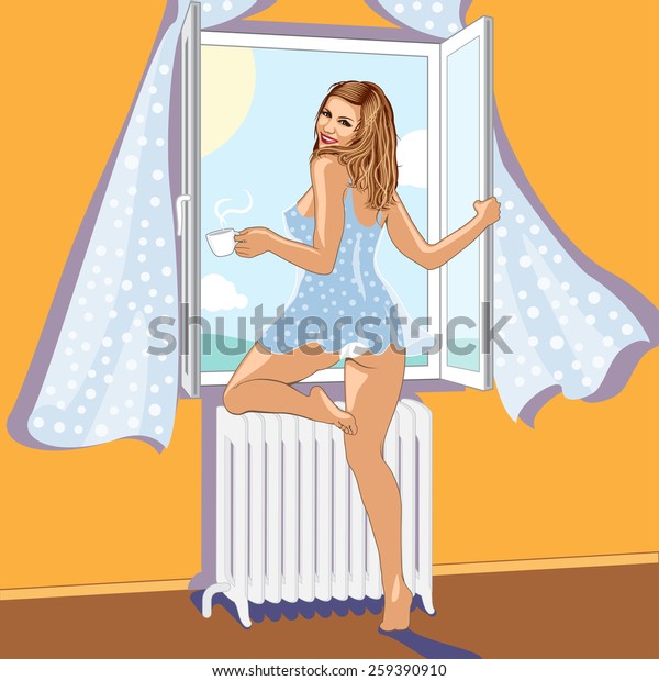 Sexy Woman Near Open Window Looks Stock Vector Royalty Free