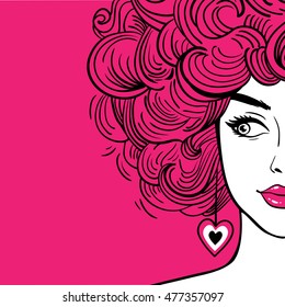 Sexy woman with pink curly hair and pink lips looking to the side. Vector hand drawn background in pop art retro comic style.