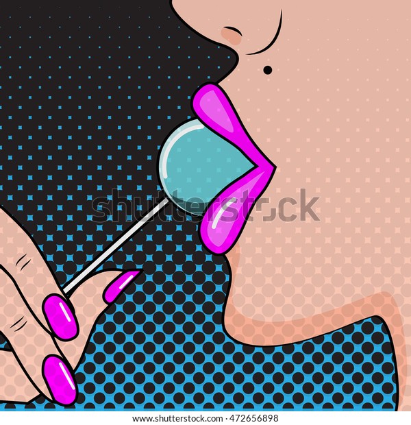 Sexy Woman Pink Lips Licking Lollipop Stock Vector Royalty Free 472656898