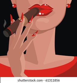 Sexy woman in red, smoking a cigar
