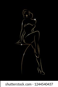 sexy woman silhouette diva Hollywood drawn in gold, golden vector girl outline drawing shiny in black background, burlesque fashion Marilyn pin up icon style isolated or black