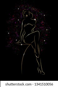 sexy woman silhouette diva Hollywood drawn in gold, golden vector girl outline drawing shiny in black background, Marilyn pin up, burlesque fashion style isolated or black and glittering background 