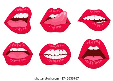 Los labios llanos de una mujer sexy expresando diferentes emociones, como sonrisa, beso, boca medio abierta, labio mordaz, lente labial, lengua afuera. Colección de labios rojos. 