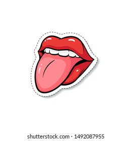 Sexy woman's half-open mouth or lips licking with tongue sticking out framed as a sticker cartoon vector illustration isolated on white background. Rock-n-roll music icon.