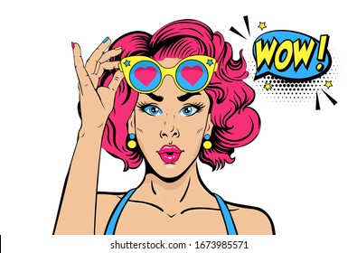 Sexy women art face with sunglass on forehead.Vector Graphic in background. Sexy women face art retro comic style.