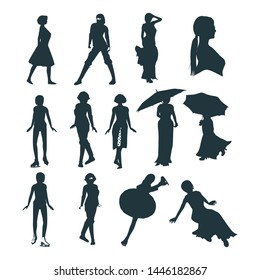 Sexy women silhouettes in various poses. Standing and walking ladies