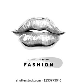 Sexy women's lips vector drawing. Hand drawn black and white fashion illustration.