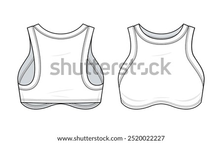 Sexy Yoga Tank top technical fashion illustration. Tank top vector template illustration. front and back view. Sportswear. Crop top. Ladies. white color. CAD mockup set.