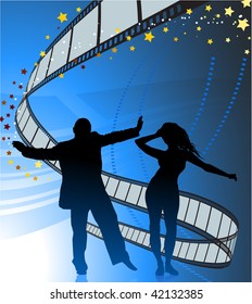 Sexy young couple dancing on film strip background