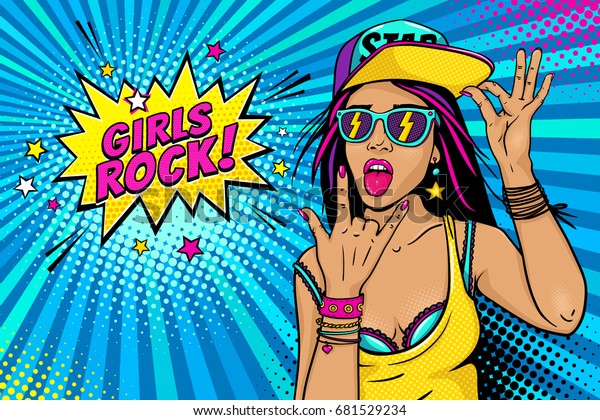 Sexy young girl in baseball cap, glasses with\
flash, hand with rock n roll sign and open mouth with tongue and\
Girls Rock speech bubble. Vector bright illustration in retro comic\
pop art style.