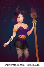 Sexy Young Witch with a broom Vector Halloween Illustration. Beautiful Girl Magic Hat