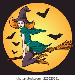 Sexy young witch flying on broom