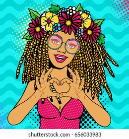 Sexy young woman with open smile, dreadlocks hairstyle and flowers on head in glasses shows love heart sign. Vector colorful invitation poster in pop art, retro comic style.