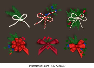 Sey of Chistmas decoration, bows and christmas branches. Shiny 3d made from red decorative. Realistic bow and bow made of red ribbon, satin silk. Vector illustration