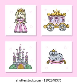 Sey of cute card with fairy tale characters. Princess, carriage, castle and royal cat. Vector illustration.