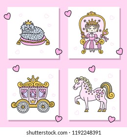 Sey of cute card with fairy tale characters. Princess, carriage, pony and cat. Vector illustration.