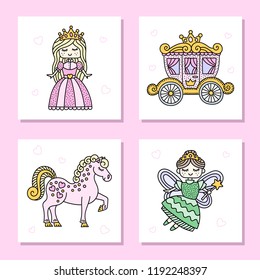 Sey of cute card with fairy tale characters. Princess, fairy, pony, carriage. Cinderella story. Vector illustration.