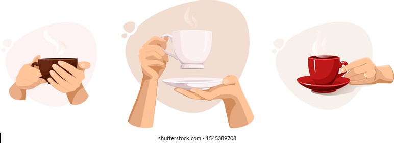 Sey of female hands holding red cup of hot drink like coffee or tea vector illustrations. Coffee day. Hyugge.