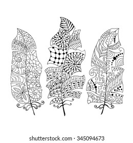 Sey of hand drawn stylized feathers. Doodle tribal feathers. Cute zentangle feathers for your design. Elements for greeting card and postcard, henna and tattoo design. Free spirit phrase.