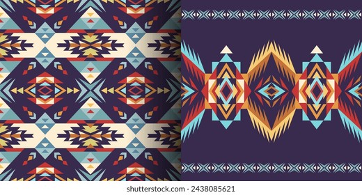 Sey of Native American Southwest, Aztec, Navajo seamless patterns. Tribal geometric prints. Ethnic design wallpaper, fabric, cover, textile, rug, blanket. Boho style.