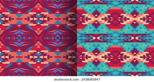 Reihe von Indianer Südwest, Azteken, Navajo nahtlose Muster. In: Tribal Geometric Prints. Ethnisches Design Tapete, Stoff, Bezug, Textil, Teppich, Decke. Boho-Stil.