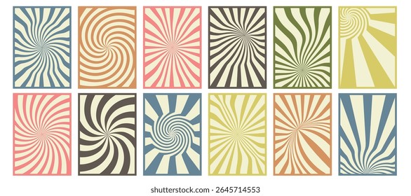 Sey of Retro backgrounds isolated. Distorted colored pattern. Hand drawn Groovy cards in style of 60s, 80s, 70s. Hippie design with wavy lines, warped streaks. Vector illustration