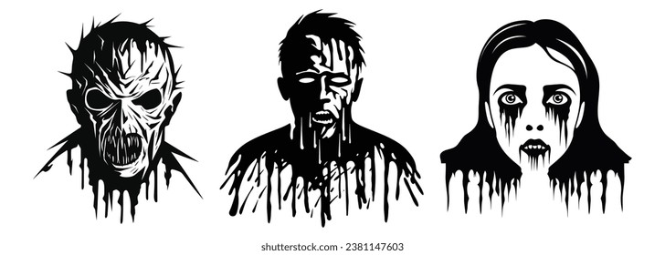 Sey of Scary Zombie Faces Black Color Vector Illustration